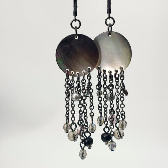 Boho‎ Shell Disc & Beaded Chain Dangle Earrings Gunmetal Tone w/ Leverback Hooks - Picture 4 of 5
